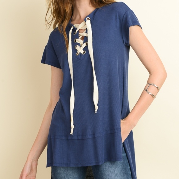 Tops - Navy Waffle Knit Lace Up Tunic 07002